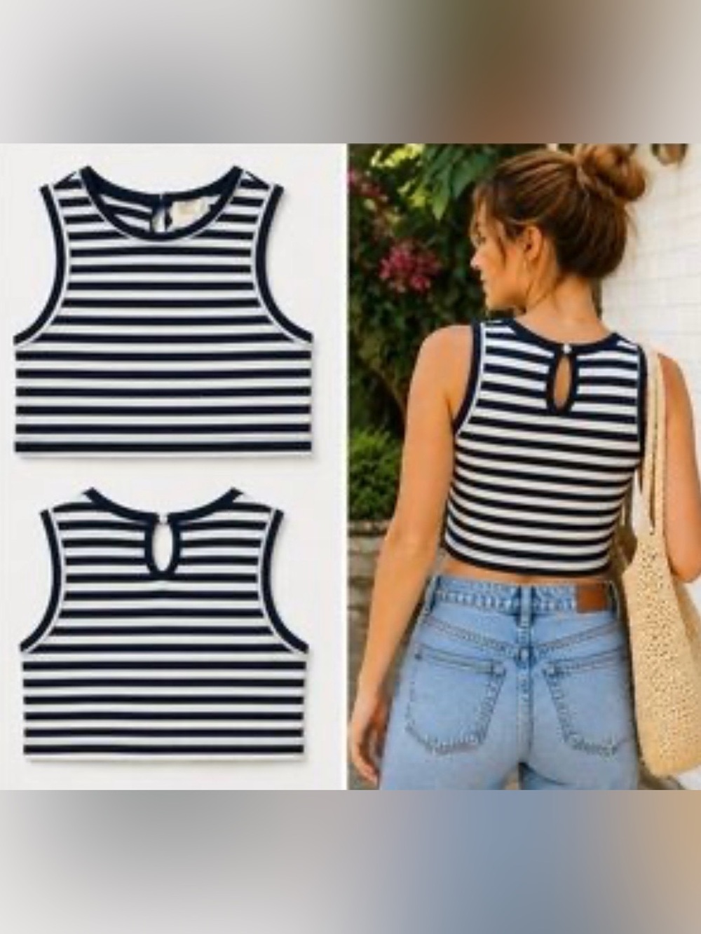 Anthropologie Navy and White Striped Sleeveless Crop Top